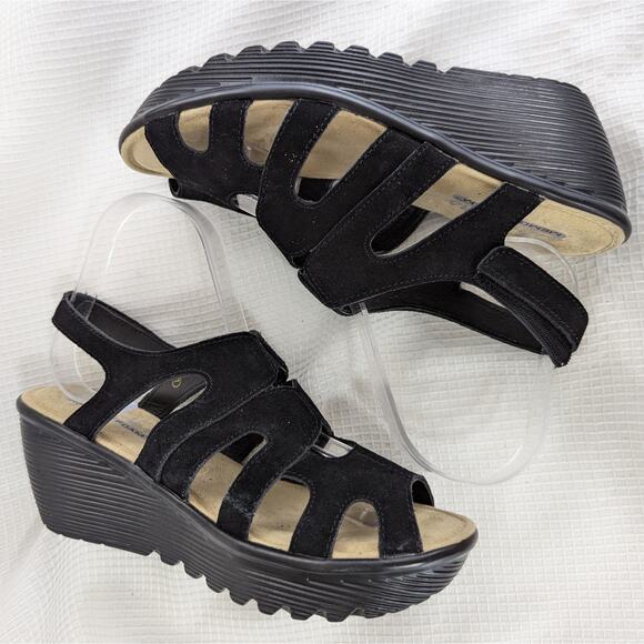 Skechers Shoes - NWOT! SKECHERS! BLACK STRAPPY FAUX SUEDE, VELCRO STRAP SANDALS, HEELS! SZ 7